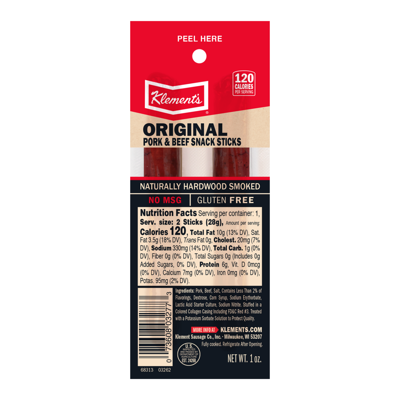 1 OZ Original Pork & Beef Snack Sticks Klement's